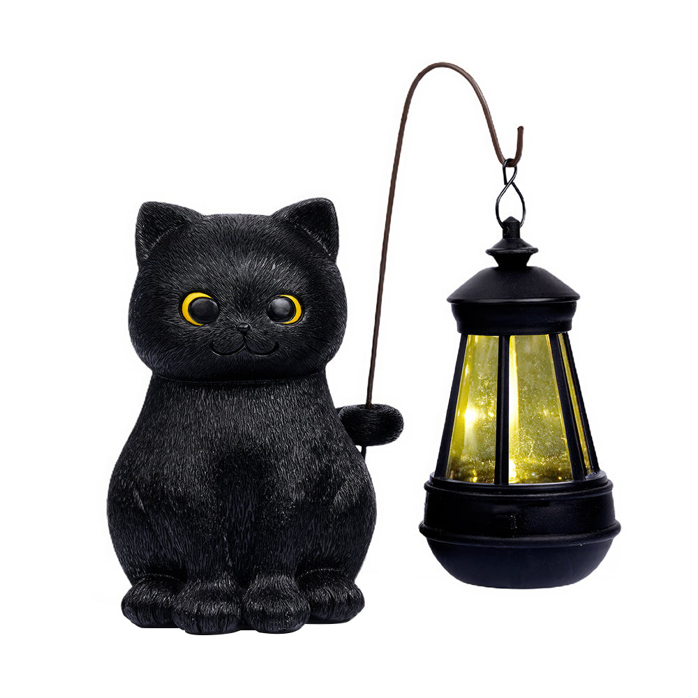 Solar Black Cat Statue w/ LED Light - Outdoor Decor Gift for Grandma Mom