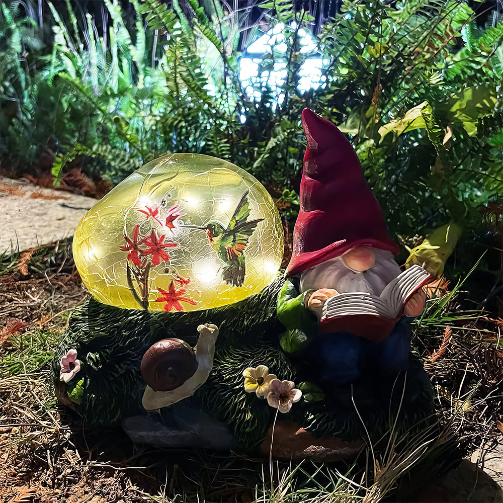 Solar Gnome Statue with Red Hat & Snail - LED Garden Decor Lawn Light