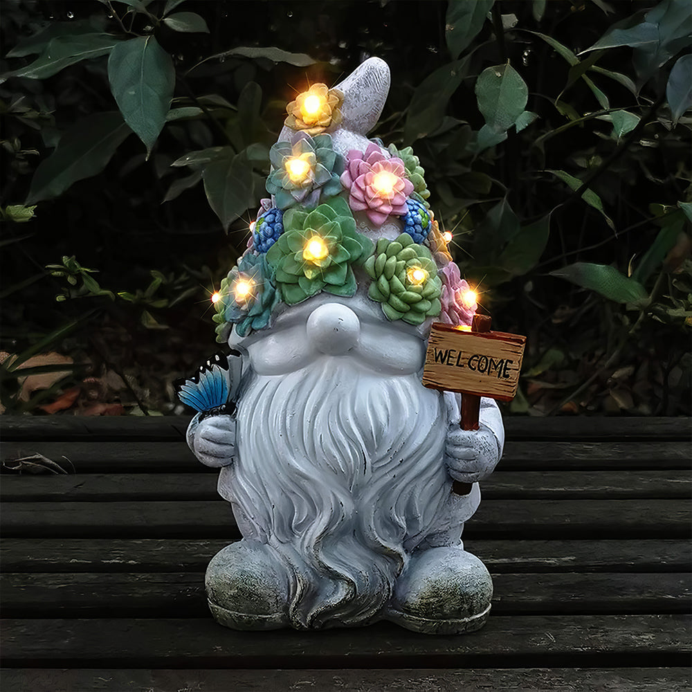 Solar Gnome Statue with 10 Warm LEDs - Outdoor Garden Decor Yard Gift