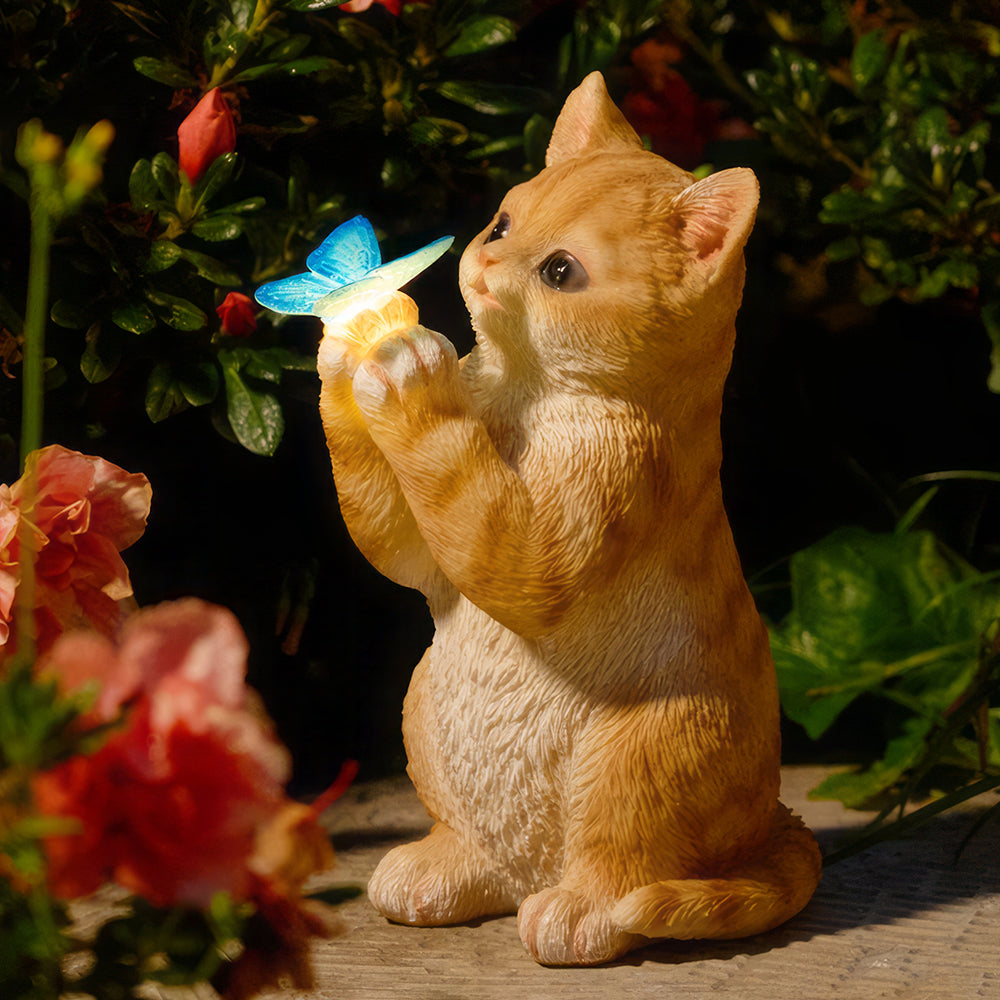 Solar Orange Tabby Cat Statue with Butterfly Light - Outdoor Garden Gift