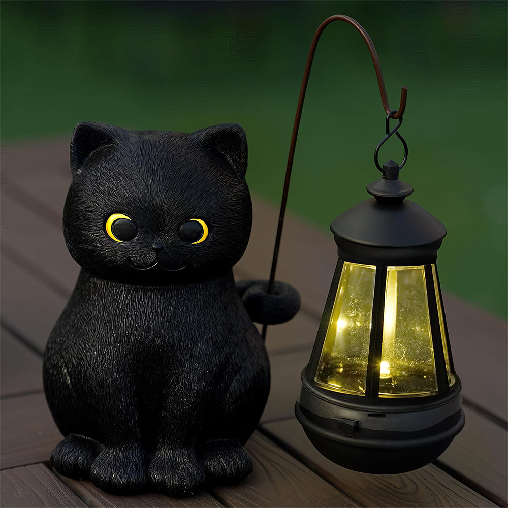 Solar Black Cat Statue w/ LED Light - Outdoor Decor Gift for Grandma Mom
