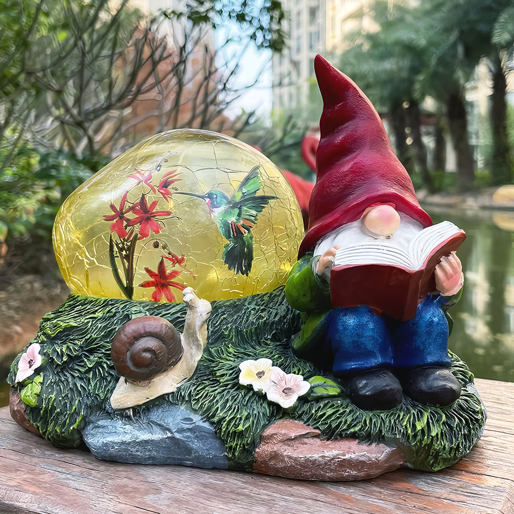 Solar Gnome Statue with Red Hat & Snail - LED Garden Decor Lawn Light