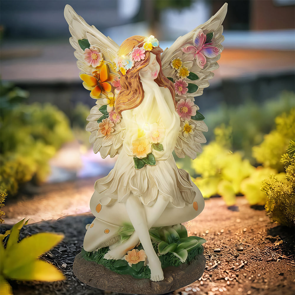 Solar Angel Garden Statue on Mushroom - Lighted Outdoor Decor Gift for Mom