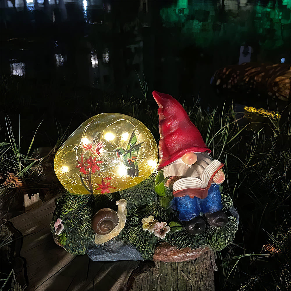 Solar Gnome Statue with Red Hat & Snail - LED Garden Decor Lawn Light