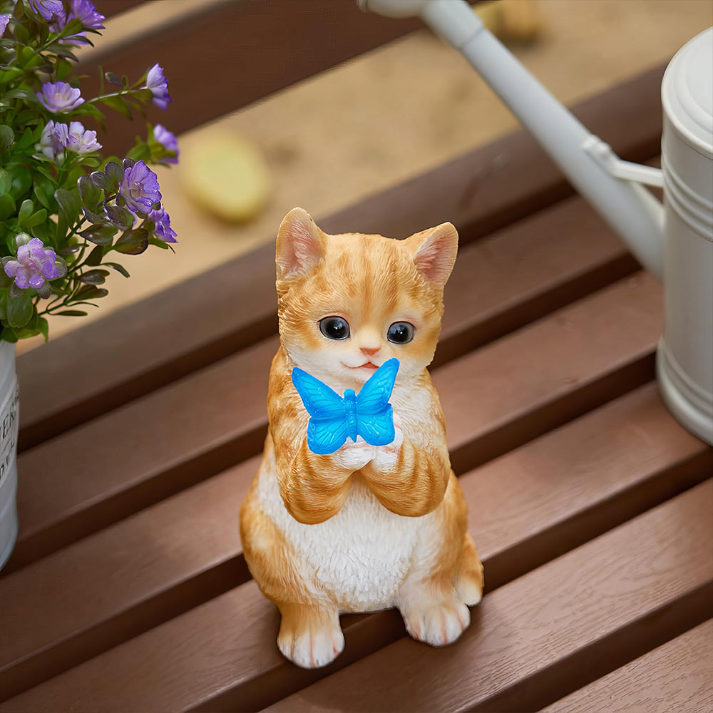 Solar Orange Tabby Cat Statue with Butterfly Light - Outdoor Garden Gift
