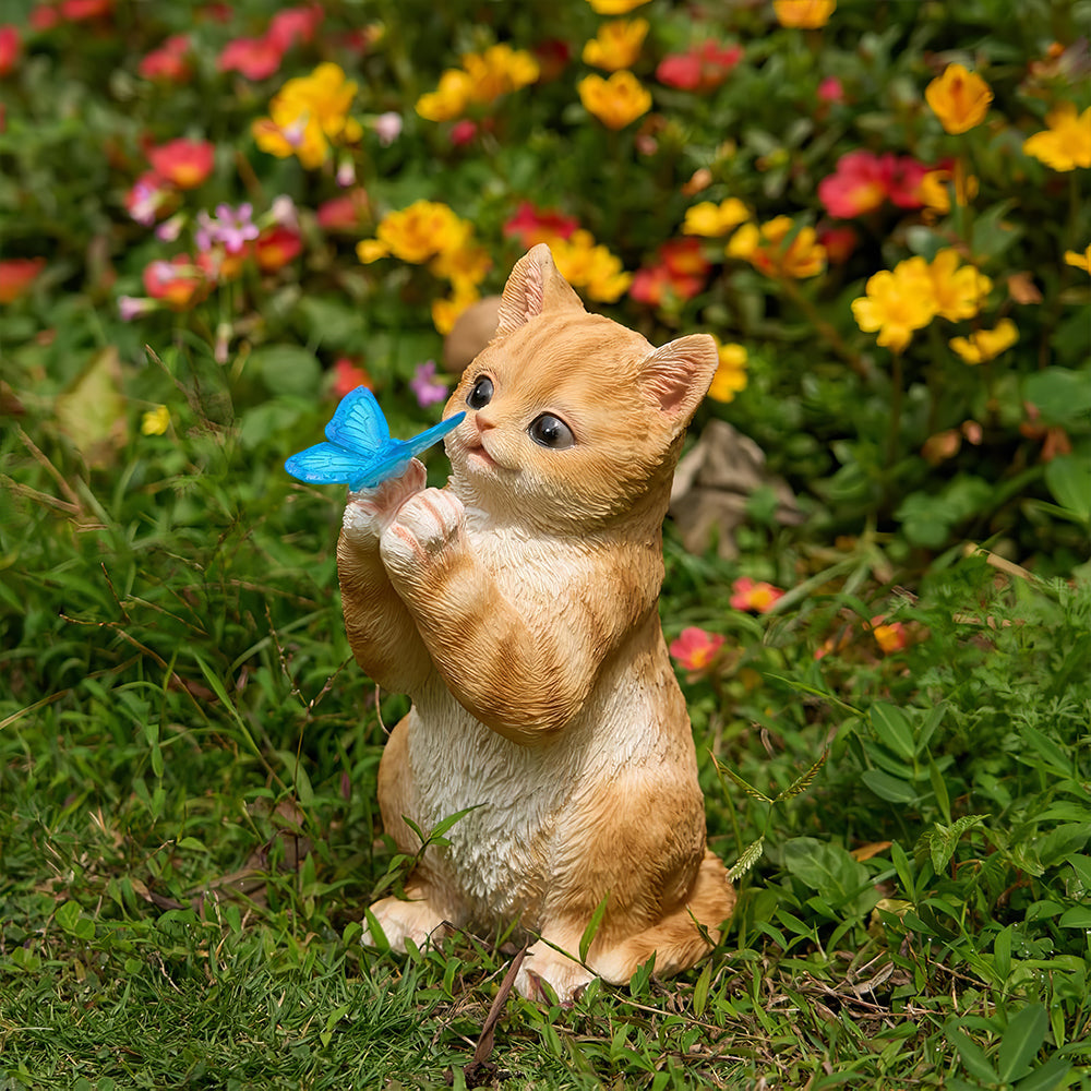 Solar Orange Tabby Cat Statue with Butterfly Light - Outdoor Garden Gift