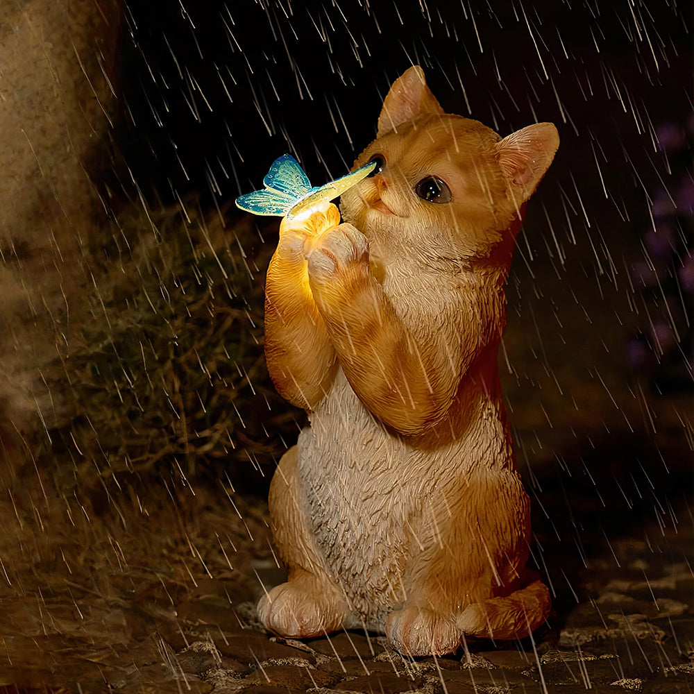 Solar Orange Tabby Cat Statue with Butterfly Light - Outdoor Garden Gift