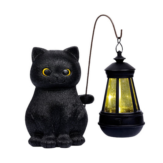 Solar Black Cat Statue w/ LED Light - Outdoor Decor Gift for Grandma Mom
