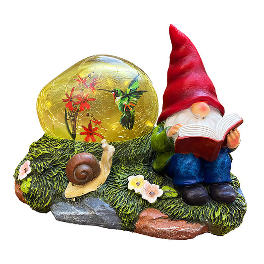 Solar Gnome Statue with Red Hat & Snail - LED Garden Decor Lawn Light