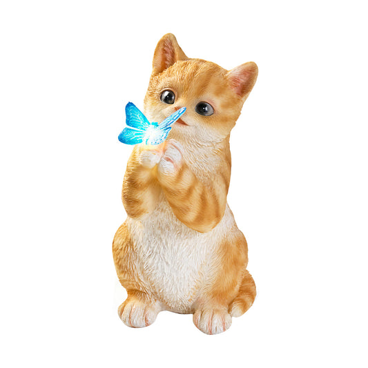 Solar Orange Tabby Cat Statue with Butterfly Light - Outdoor Garden Gift