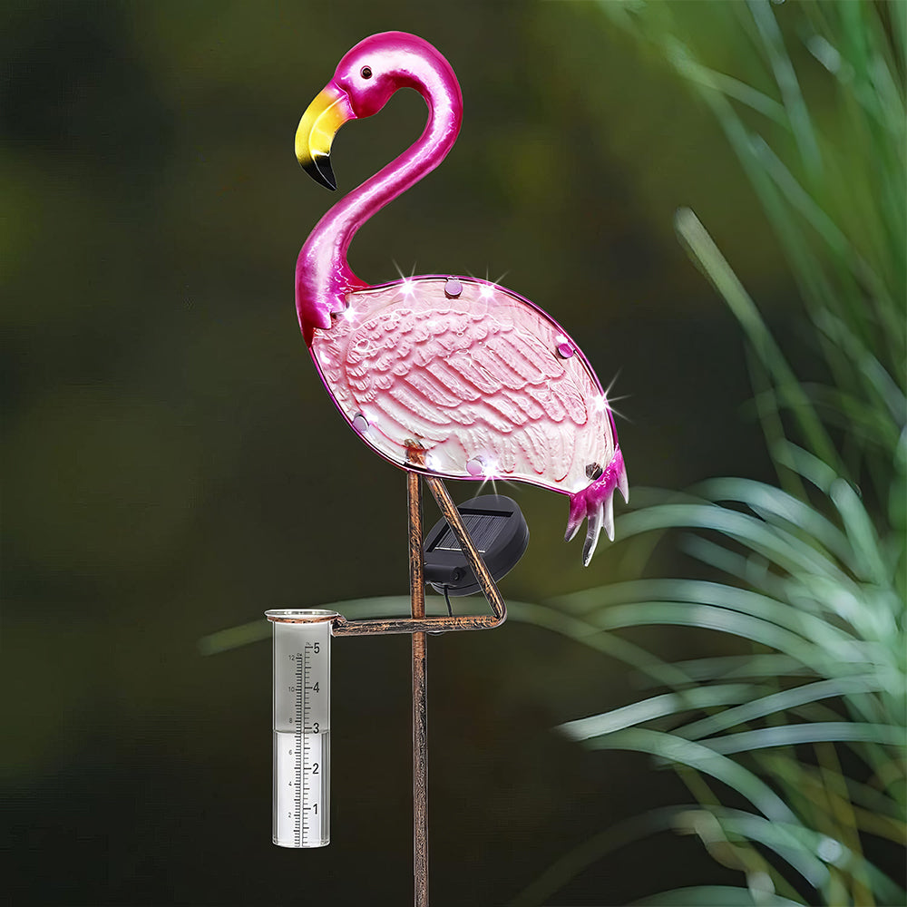 43" Solar Flamingo Rain Gauge w/ LED Lights - Outdoor Garden Decor Stake