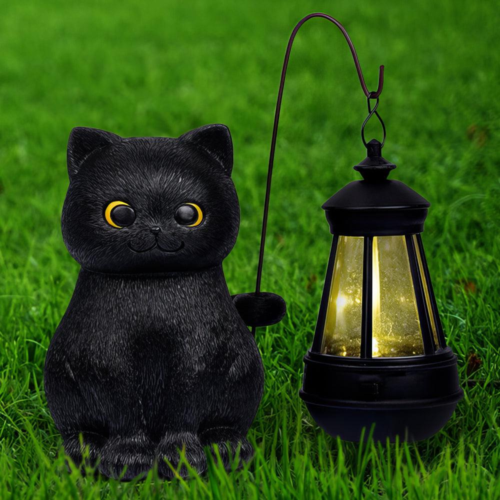 Solar Black Cat Statue w/ LED Light - Outdoor Decor Gift for Grandma Mom