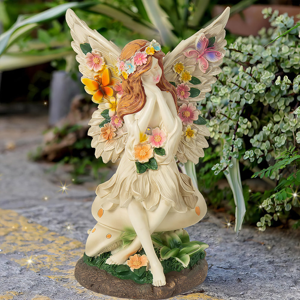 Solar Angel Garden Statue on Mushroom - Lighted Outdoor Decor Gift for Mom