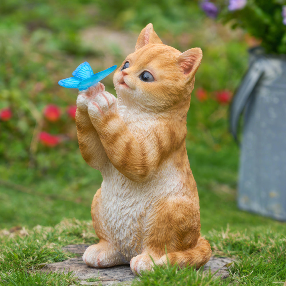 Solar Orange Tabby Cat Statue with Butterfly Light - Outdoor Garden Gift