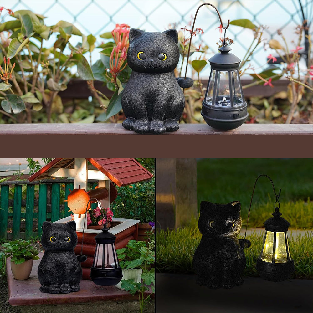 Solar Black Cat Statue w/ LED Light - Outdoor Decor Gift for Grandma Mom