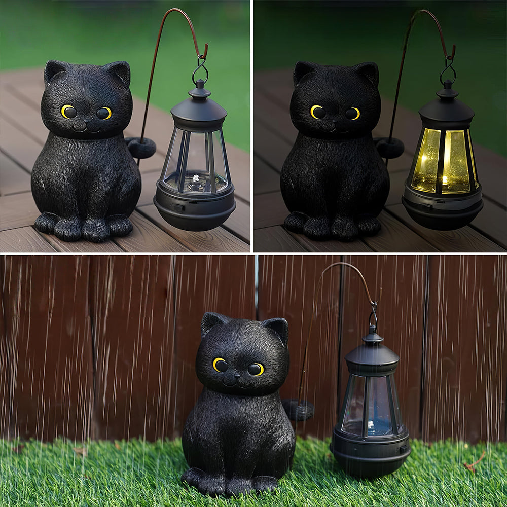 Solar Black Cat Statue w/ LED Light - Outdoor Decor Gift for Grandma Mom